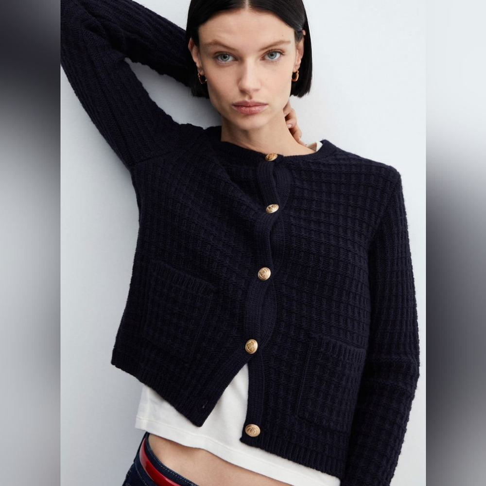 Mango Button Knit Cardigan in Navy